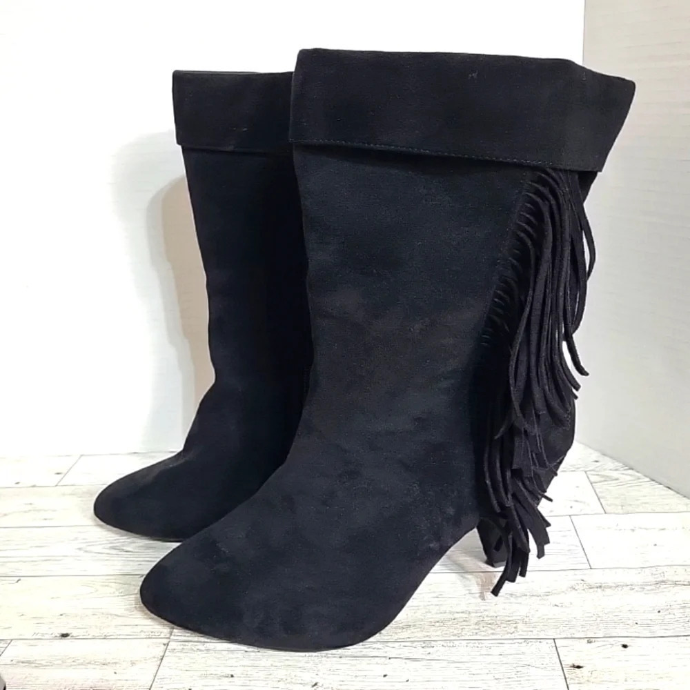 Torrid 8.5‎ Black Fringe High Heel Boots Zip-Up Excellent Condition
